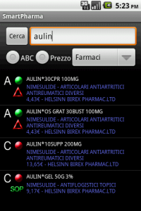 Screenshot di SmartPharma, il prontuario farmaceutico in italiano per Android